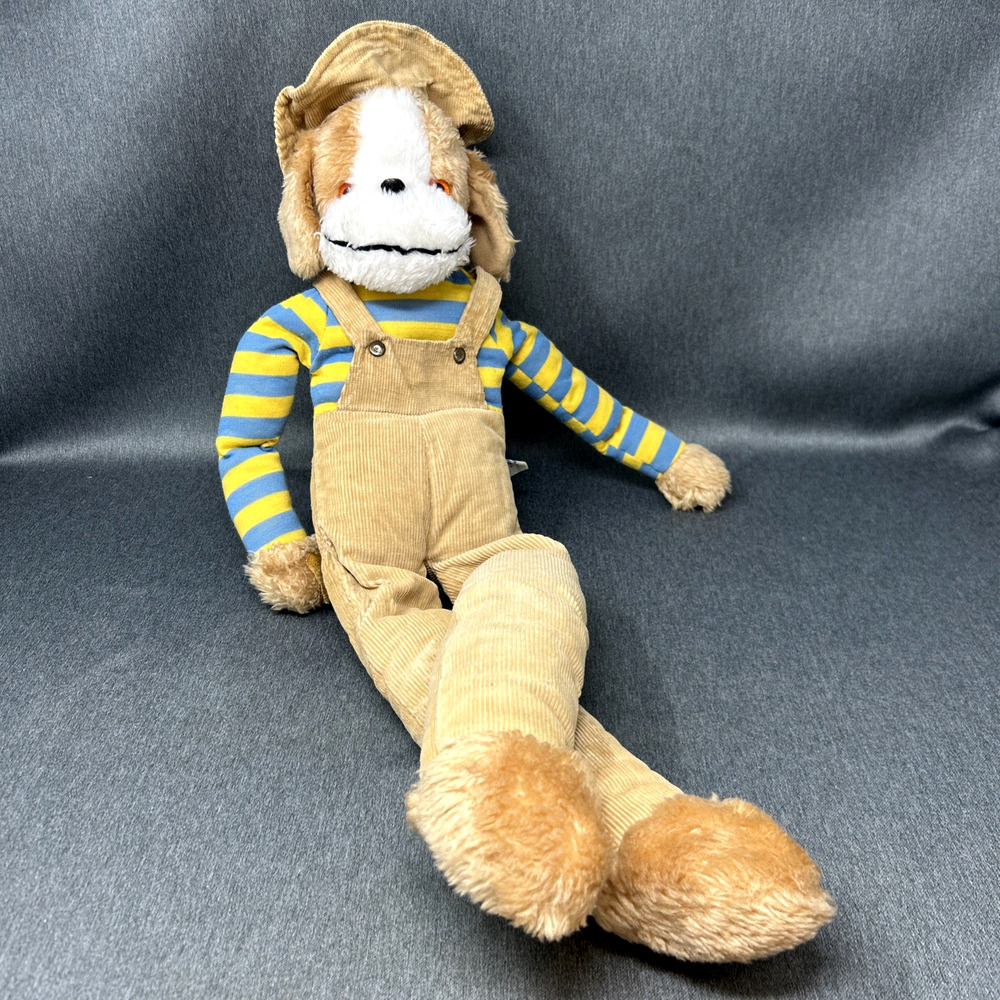 Vintage Atlanta Novelty Gerber Plush Dog Hound Tan Hat Overalls Stripe LONG